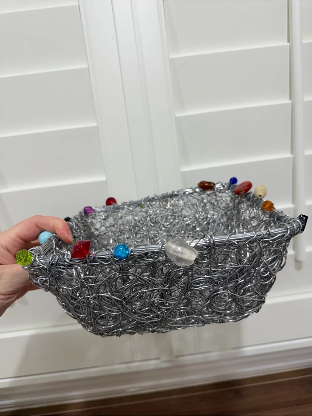 Decorative Silver Wire Basket with Multicolor Bead Accents